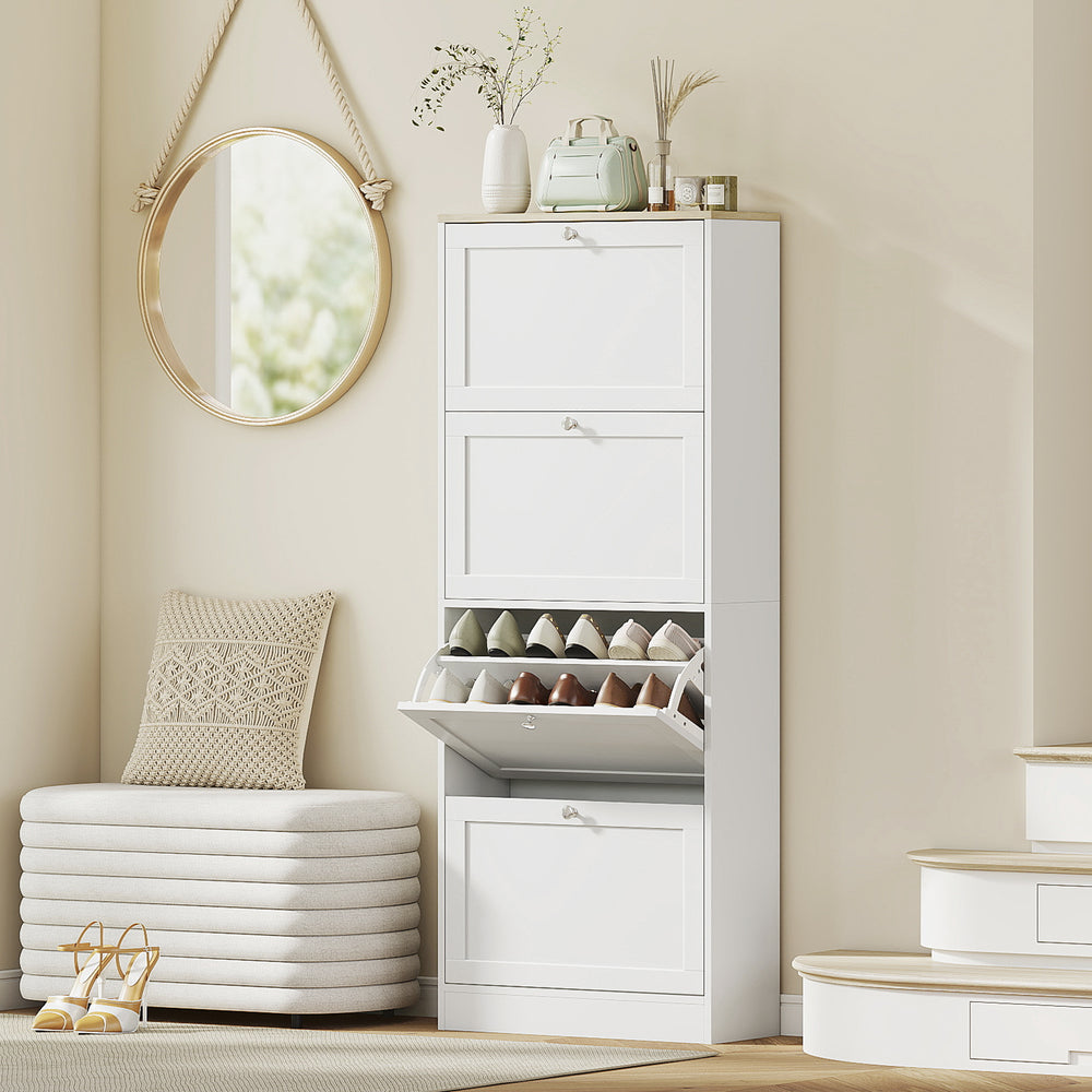 Modern shoe cabinet with 4 hinged drawers and adjustable shelves, for 18 to 24 pairs of shoes, white