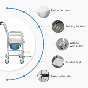 3-in-1 Shower Wheelchair with Padded Seat