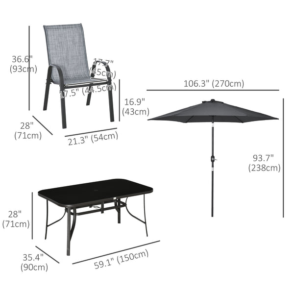 8 Piece Dining Set with Umbrella, 6 Chairs and Table, Grey