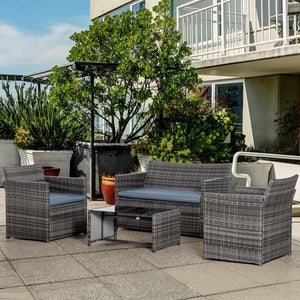 4-piece resin wicker furniture set with glass coffee table, grey