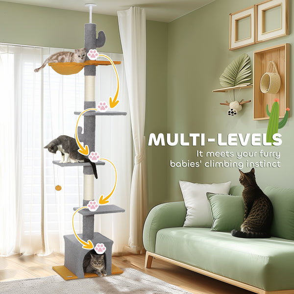 Cat tree with adjustable height from 229 to 274 cm, scratching posts, hammock, lounger and play ball, light gray