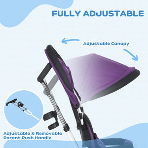 6 in 1 Tricycle with Basket, Canopy, 5-Point Safety Harness, Purple
