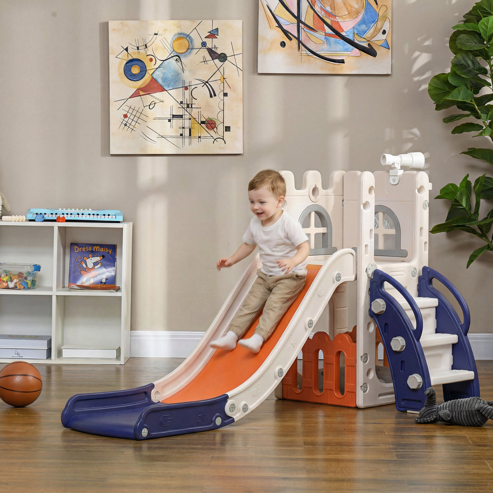 5-in-1 slide with basketball hoop, climbing structure, telescope and storage basket 