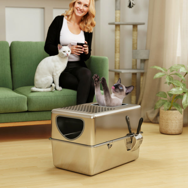 XL stainless steel litter box with perforated lid and scoop