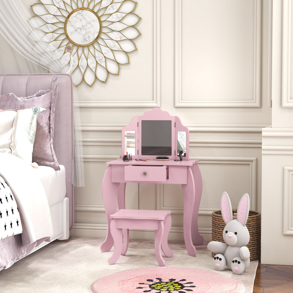 Dressing table set with folding mirrors, star and heart patterned drawer, pink