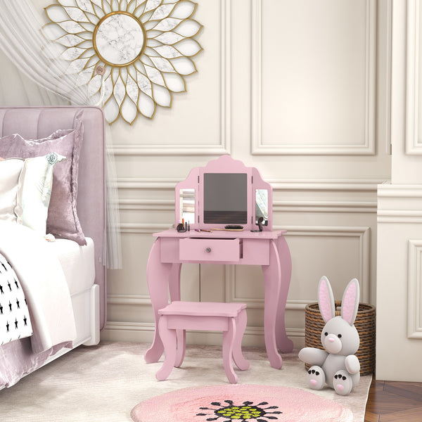 Dressing table set with folding mirrors, star and heart patterned drawer, pink