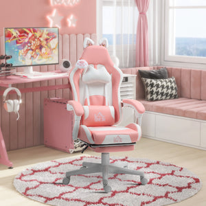 Gaming chair in faux leather with footrest, headrest and lumbar support, pink