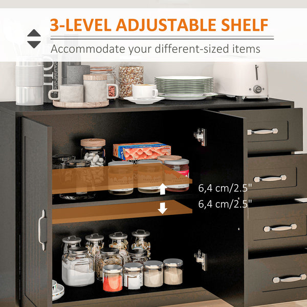 Modern buffet with 4 drawers and 2 panel doors, black
