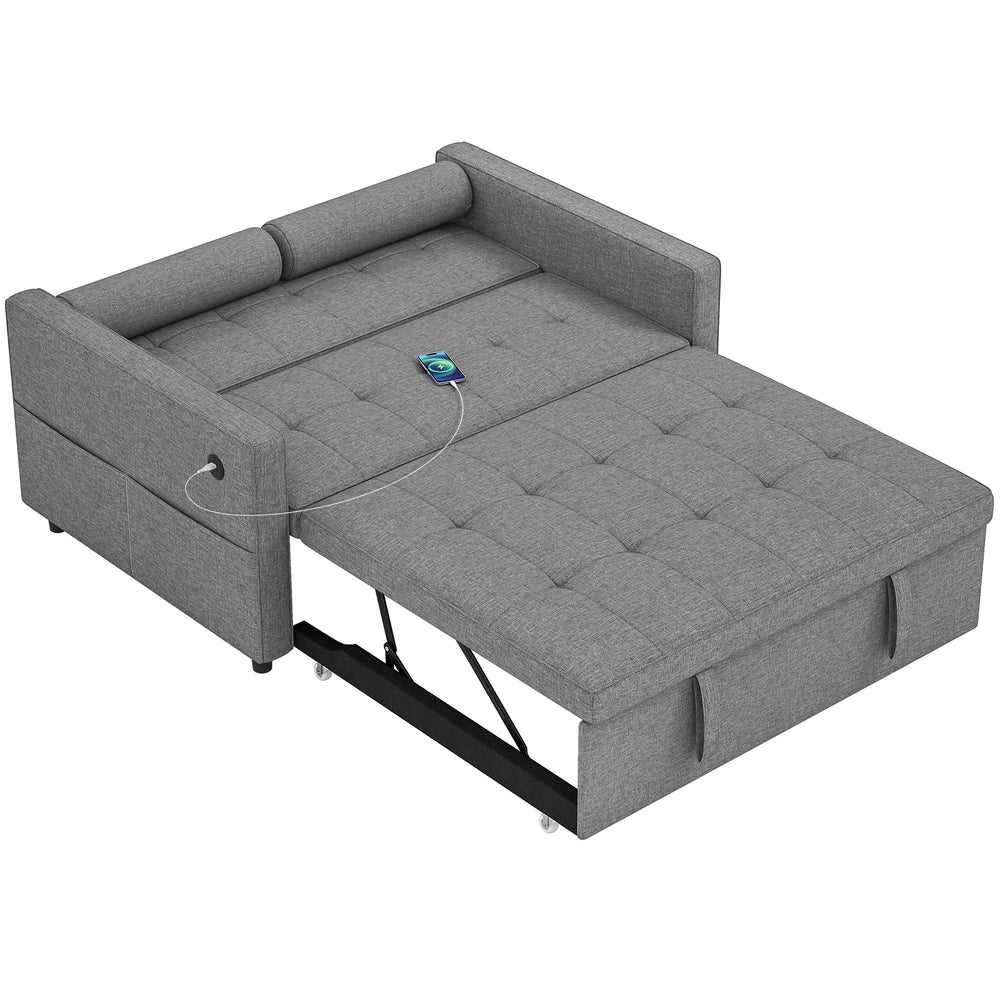 Futon two-seater trundle sofa bed in linen with USB ports, grey