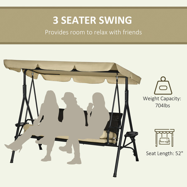 Outdoor 3-Seat Porch Swing with Canopy, Rattan Seat, Removable Cushion, Pillows and Steel Frame