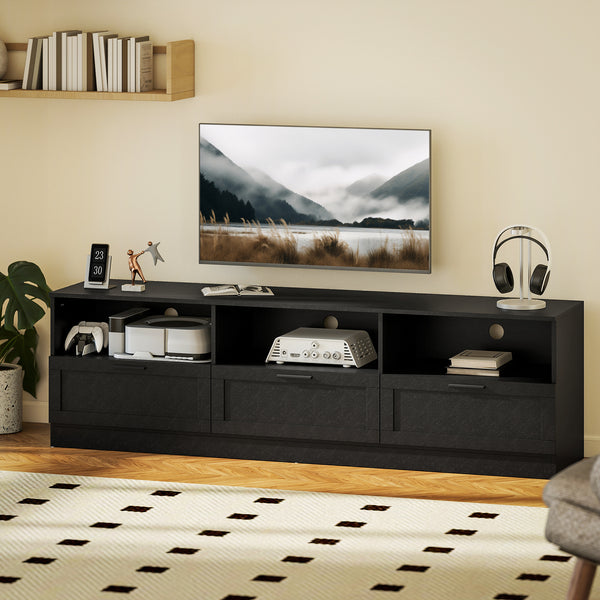 TV stand with 3 cabinets and 3 open shelves, for TVs up to 85 inches, black