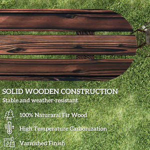 Wooden garden bench with wagon wheel legs, charred