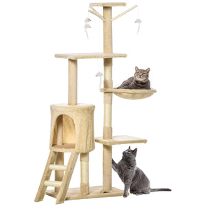 53-inch Cat Tree with Scratching Posts, Tree House, Perches, Ladder, Hammock and Hanging Toys, Beige