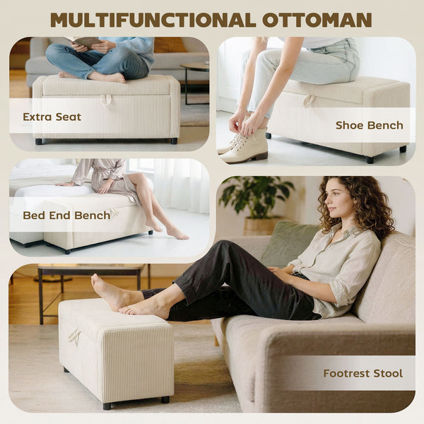 Tufted corduroy storage ottoman with thick padding, beige