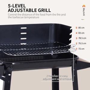 Charcoal barbecue with side shelves, storage shelf and wheels