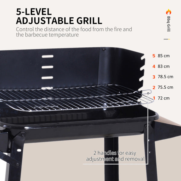 Charcoal barbecue with side shelves, storage shelf and wheels