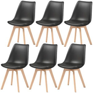 Set of 6 modern rubberwood dining chairs with PU leather cushions - Black