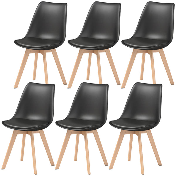 Set of 6 modern rubberwood dining chairs with PU leather cushions - Black