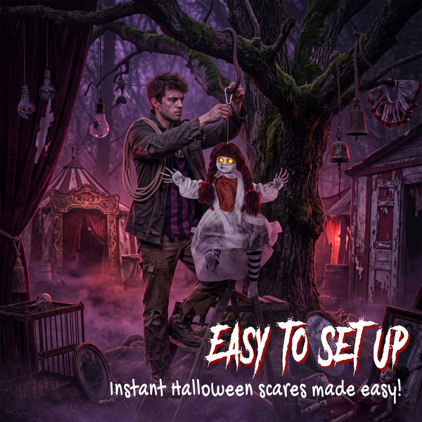 Animated spooky girl on a swing with light-up eyes, sounds, and motion – Reddish-brown and cream white