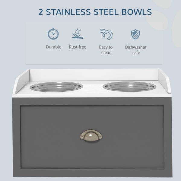 Raised bowls with storage drawer with 2 stainless steel bowls, gray