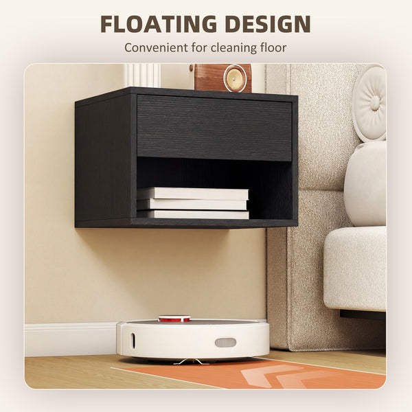 Set of 2 floating nightstands with drawer and open shelf – Black