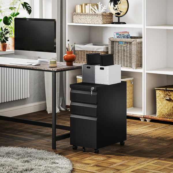 3 Drawer Filing Cabinet with Lock, Steel Office Storage Cabinet with Hanging Bar for A4, Legal and Letter Files, Black