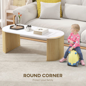 Modern marble effect coffee table with rounded corners and thick legs, natural wood