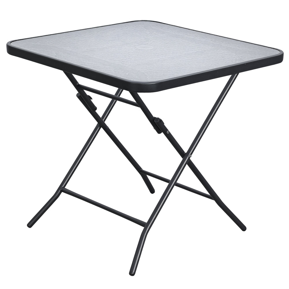 Square folding garden table with parasol hole, black