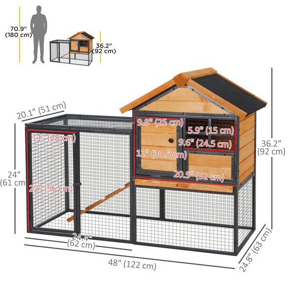 Outdoor hutch with run, sturdy metal frame, asphalt roof, and access ramp