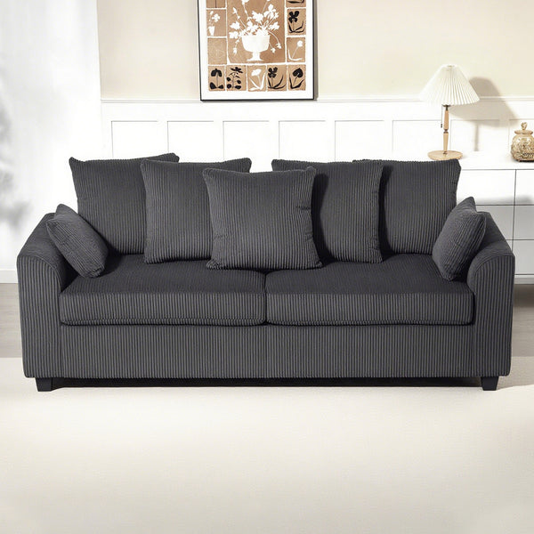 3-seater corduroy sofa with curved armrests and 8 removable cushions, dark grey