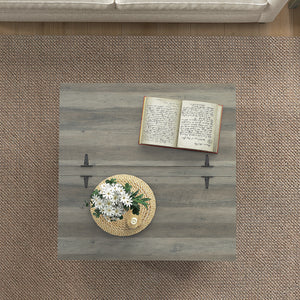 Farmhouse style coffee table with hinged lids, distressed gray