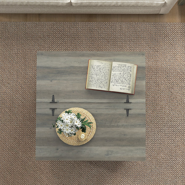 Farmhouse style coffee table with hinged lids, distressed gray