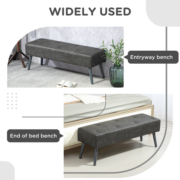 Bedroom bench with button tufting upholstered in faux leather, gray