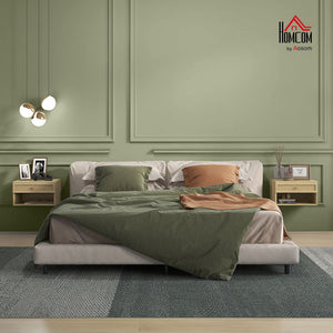 Set of 2 floating wall-mounted bedside tables with rattan drawer – Natural wood