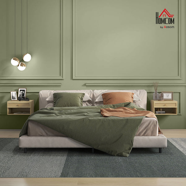 Set of 2 floating wall-mounted bedside tables with rattan drawer – Natural wood