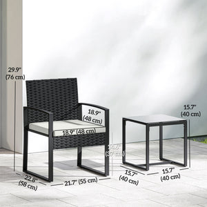 Outdoor Bistro Set, 3 Piece Wicker Patio Furniture Set with Glass Top Table and Cushions for Porch, Balcony, Cream White