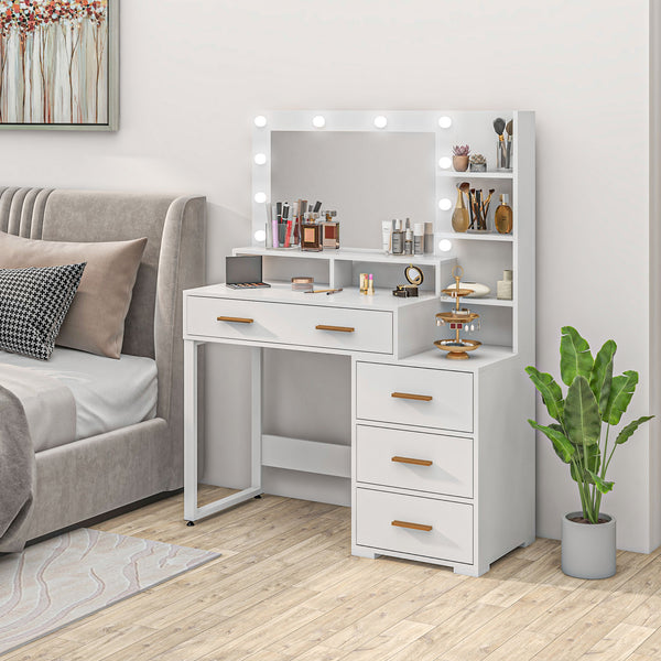 LED illuminated dressing table with mirror, drawer and storage shelves, white 