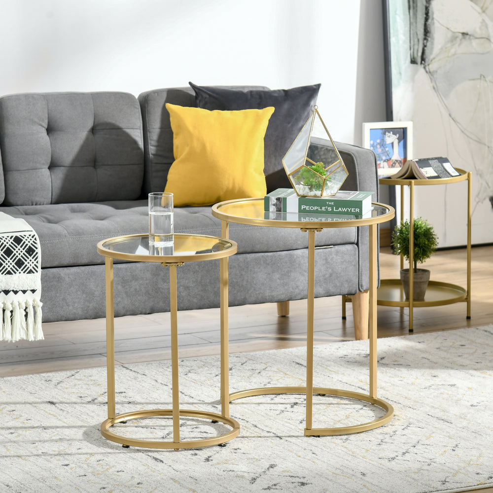 Set of 2 nesting side tables with metal base, gold