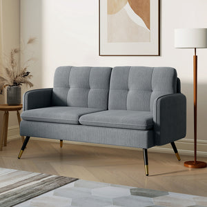 Two-seater corduroy sofa with springs, steel legs and tufting, dark gray