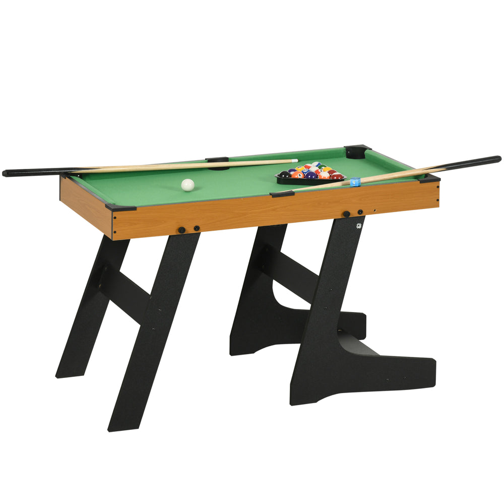 Mini foldable pool table with balls, cues, chalk and brush.