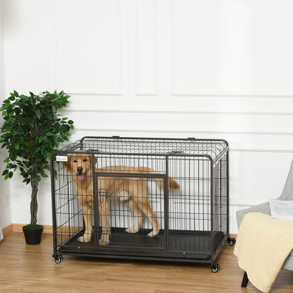 Heavy-duty foldable crate with double door, lockable casters and tray