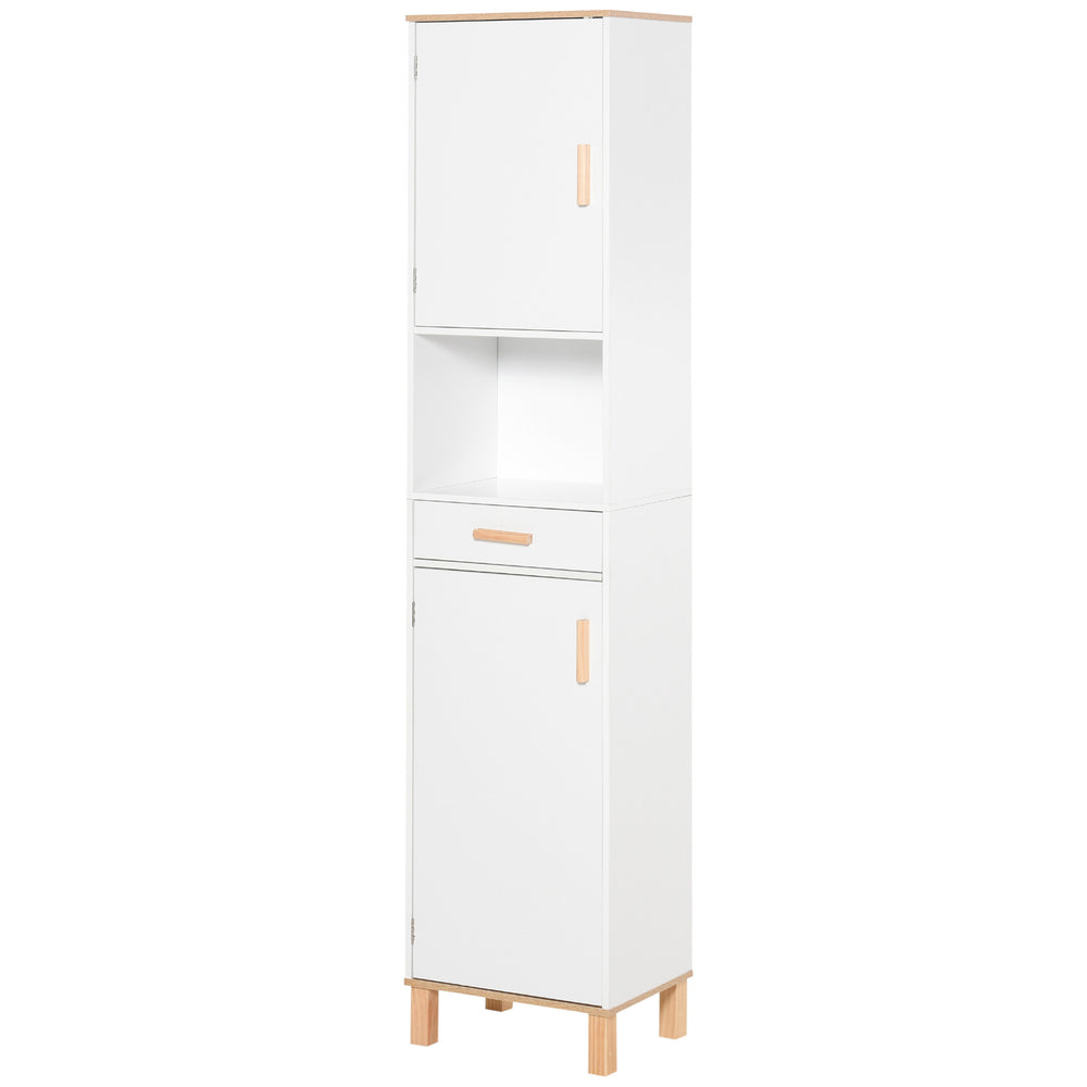 White bathroom storage cabinet with cupboards and drawer