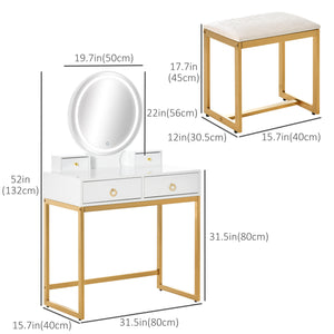Dressing table with 3-color touch mirror and dimmable lighting, white