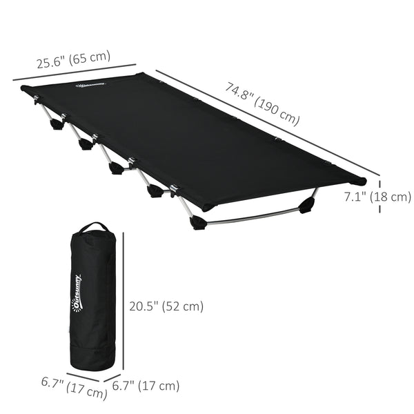 Lightweight aluminum camp bed with sturdy stand and carrying bag, black