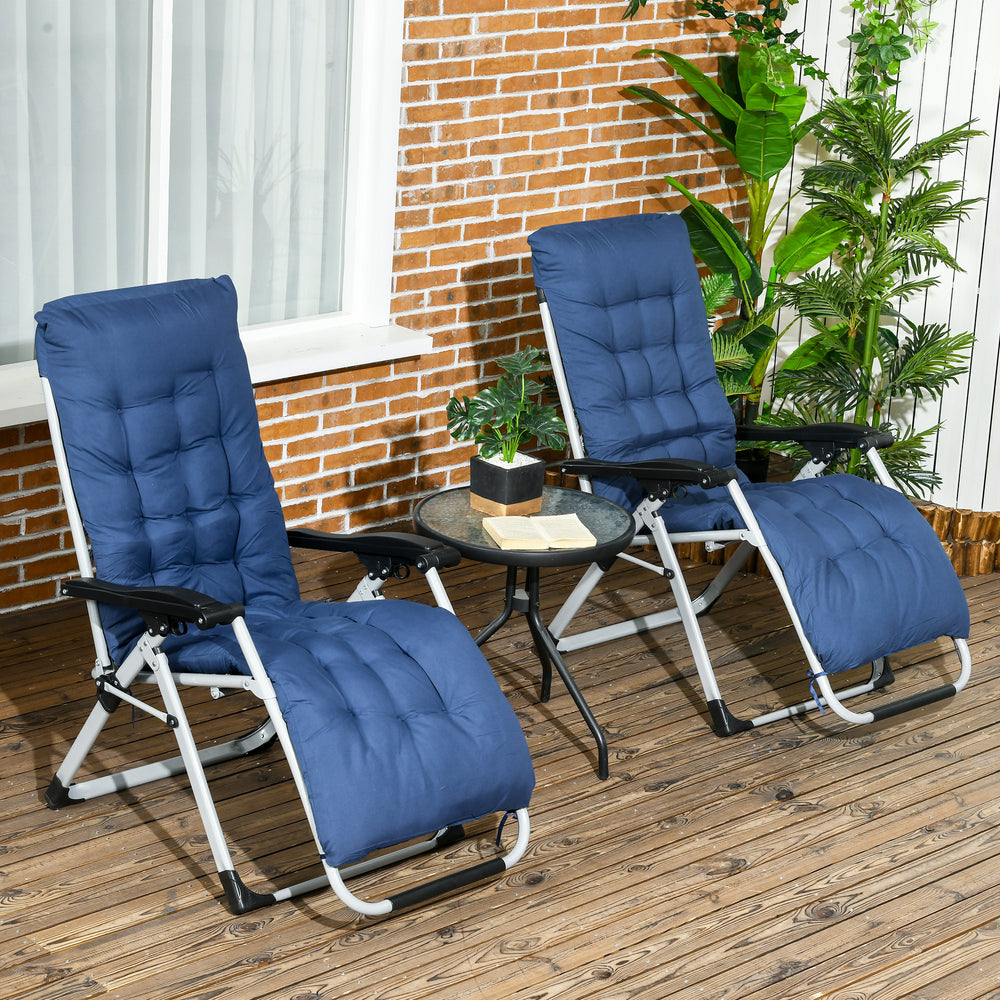 Set of 2 folding garden chairs with cushion and headrest, dark blue 