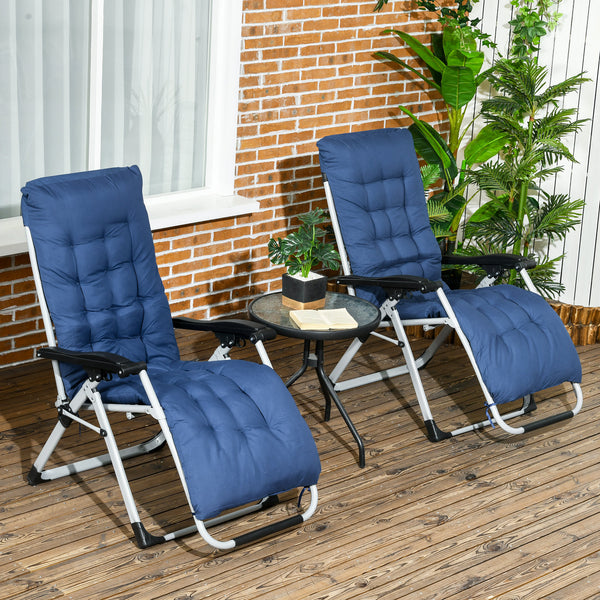Set of 2 folding garden chairs with cushion and headrest, dark blue 
