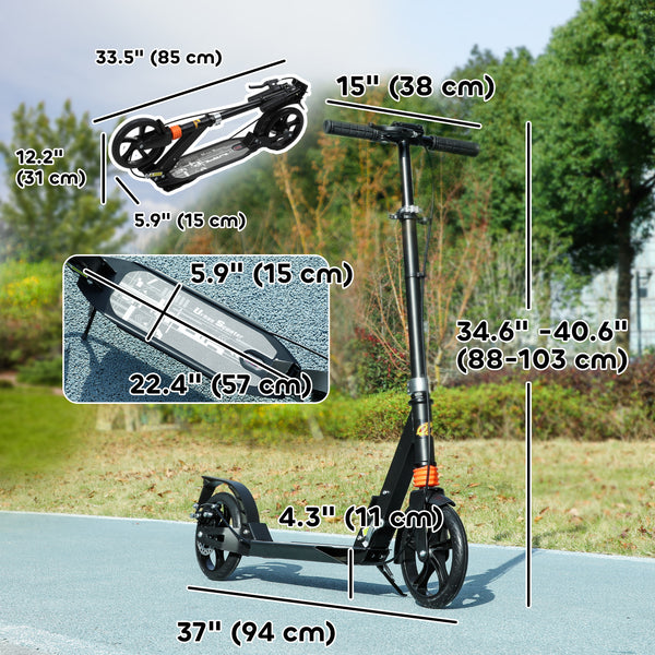 Foldable scooter, 4 adjustable heights, double brake and shock absorption, black