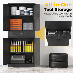Lockable steel storage cabinet with drawer and adjustable shelves, black