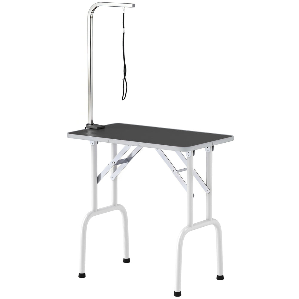 Foldable grooming table with adjustable arm and non-slip surface, black