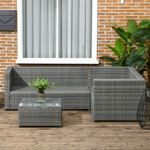 3-piece woven rattan garden furniture set with loveseat, coffee table and cushions, grey